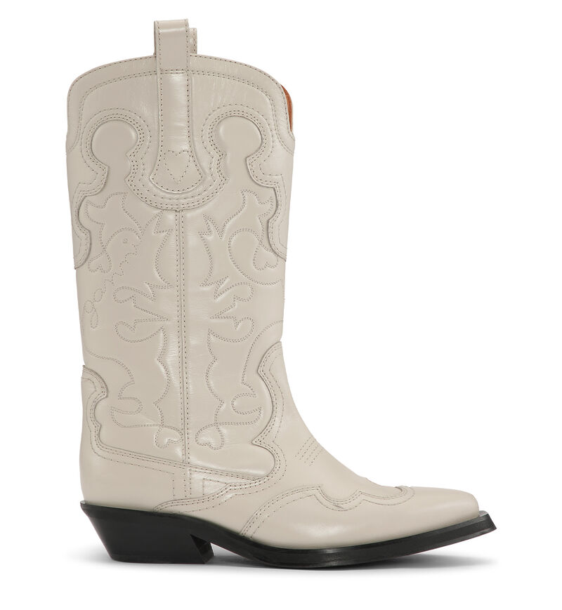 White Mid Shaft Embroidered Western Boots, Calf Leather, in colour Egret - 1 - GANNI