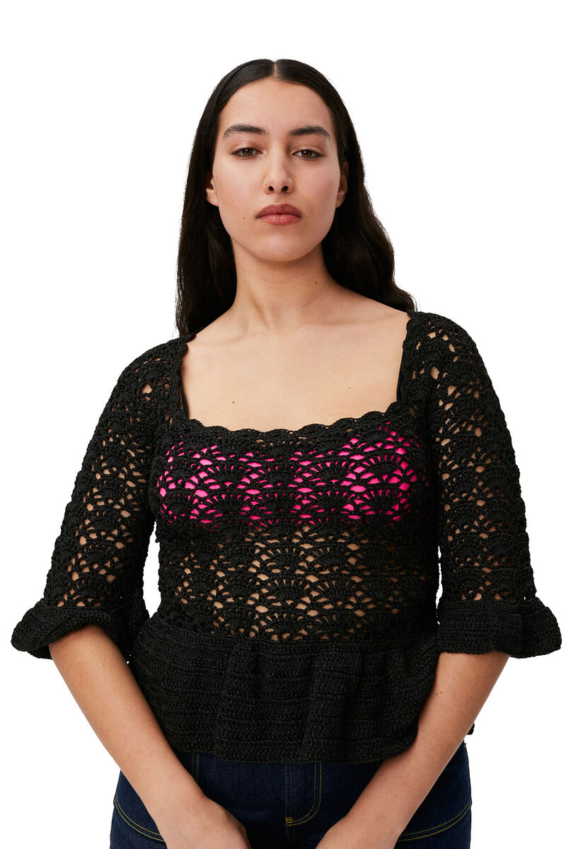 Crochet Top, Nylon, in colour Black - 3 - GANNI