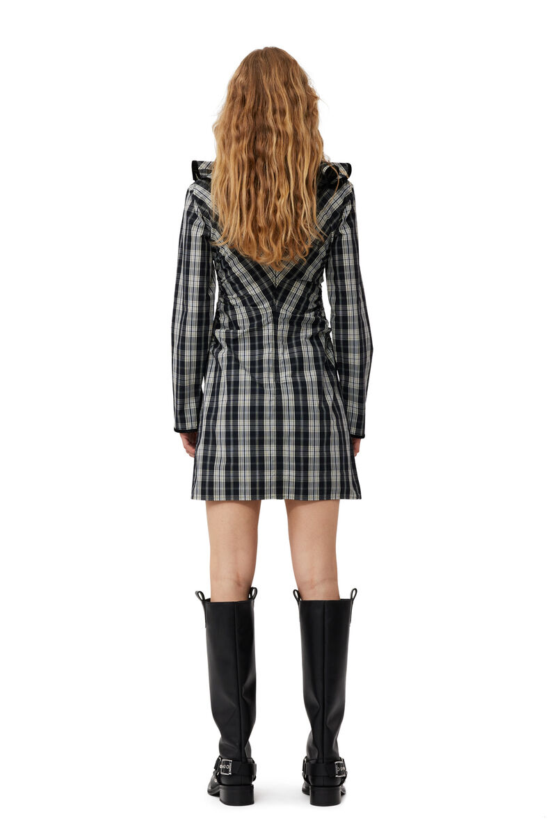Checkered Cotton Ruffle V-neck Mini klänning, Cotton, in colour Black - 2 - GANNI