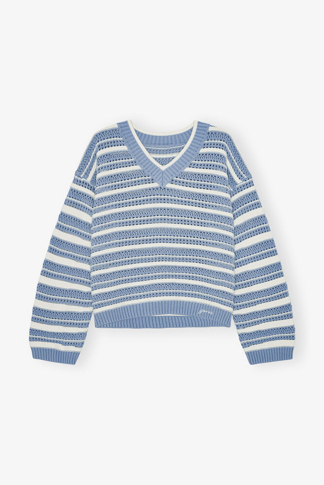 Blue Striped Cotton V-neck Jumper, Egret