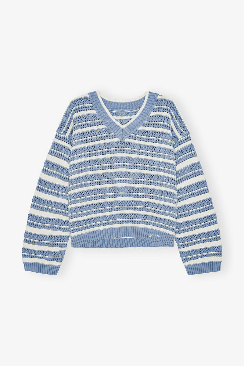 Blue Striped Cotton V-neck Sweater, Organic Cotton, in colour Egret - 1 - GANNI