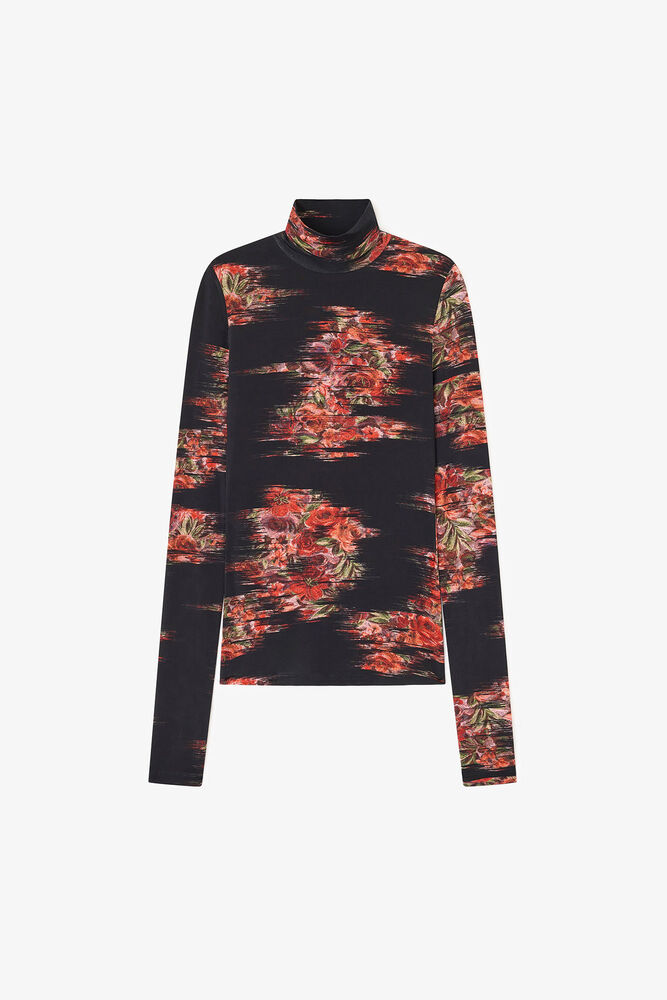 Floral Jersey Turtleneck, Black