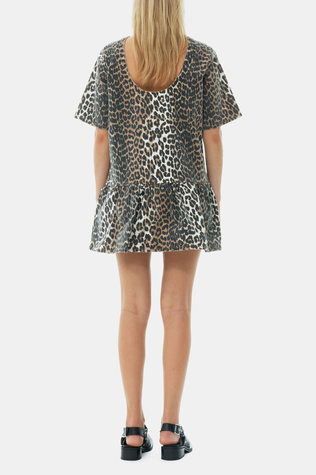 Leopard Open-back Mini Denim Dress, Organic Cotton, in colour Leopard - 4 - GANNI