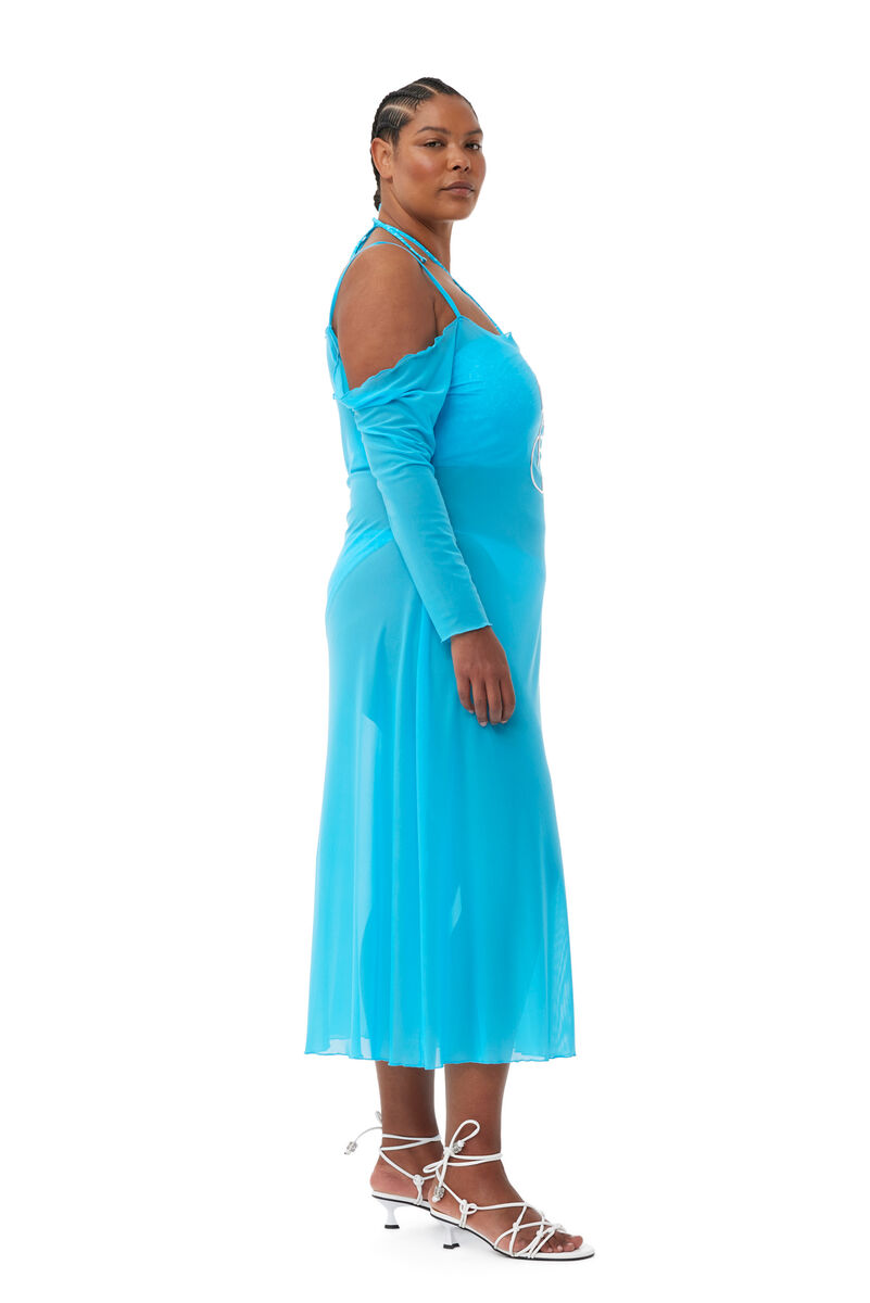 GANNI X ESTER MANAS Mesh Off Shoulder Dress, Recycled Nylon, in colour Bachelor Blue - 3 - GANNI