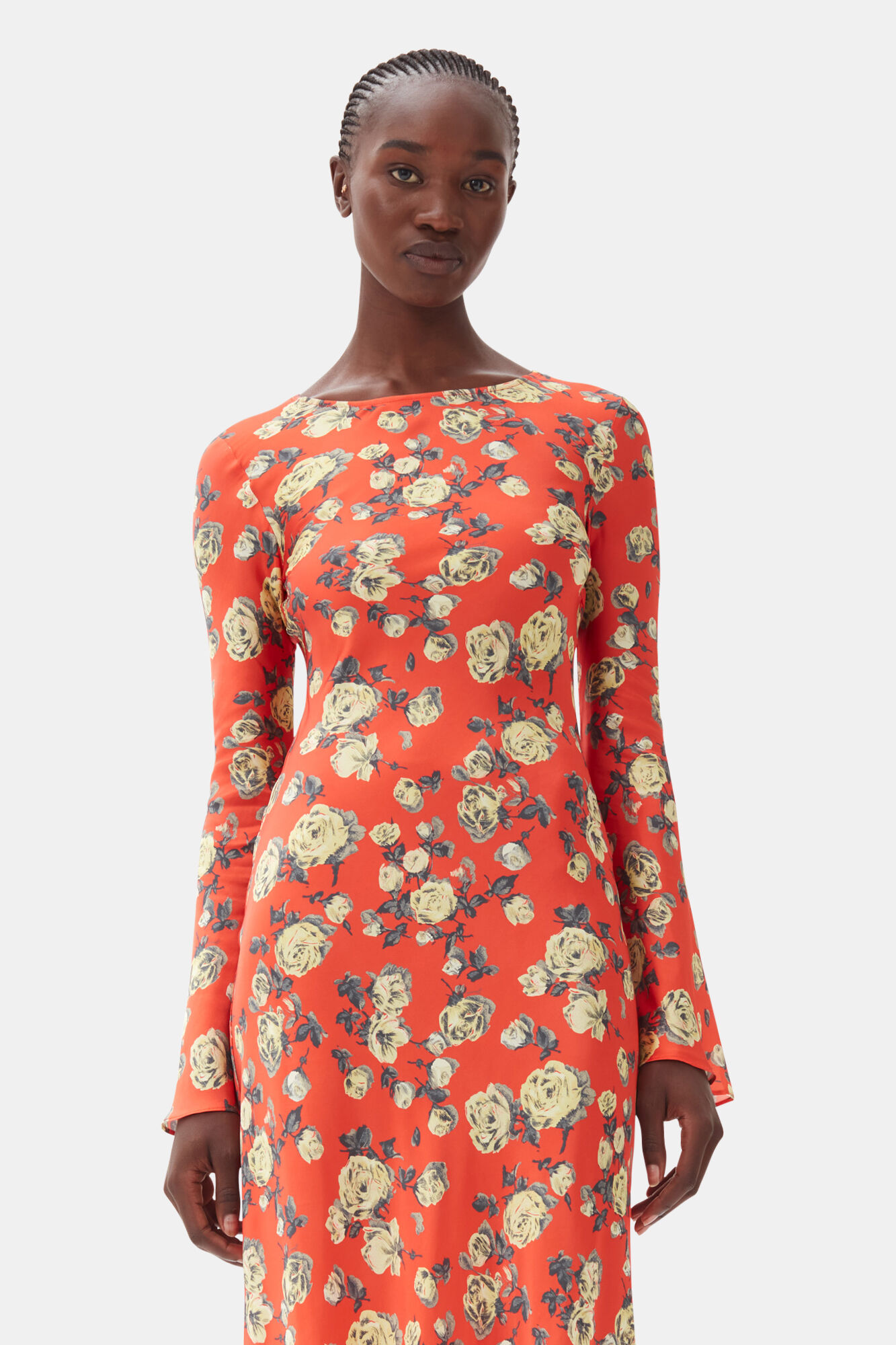 Orange Floral Printed Satin Maxi Dress, Spandex, in colour Poinciana - 2 - GANNI