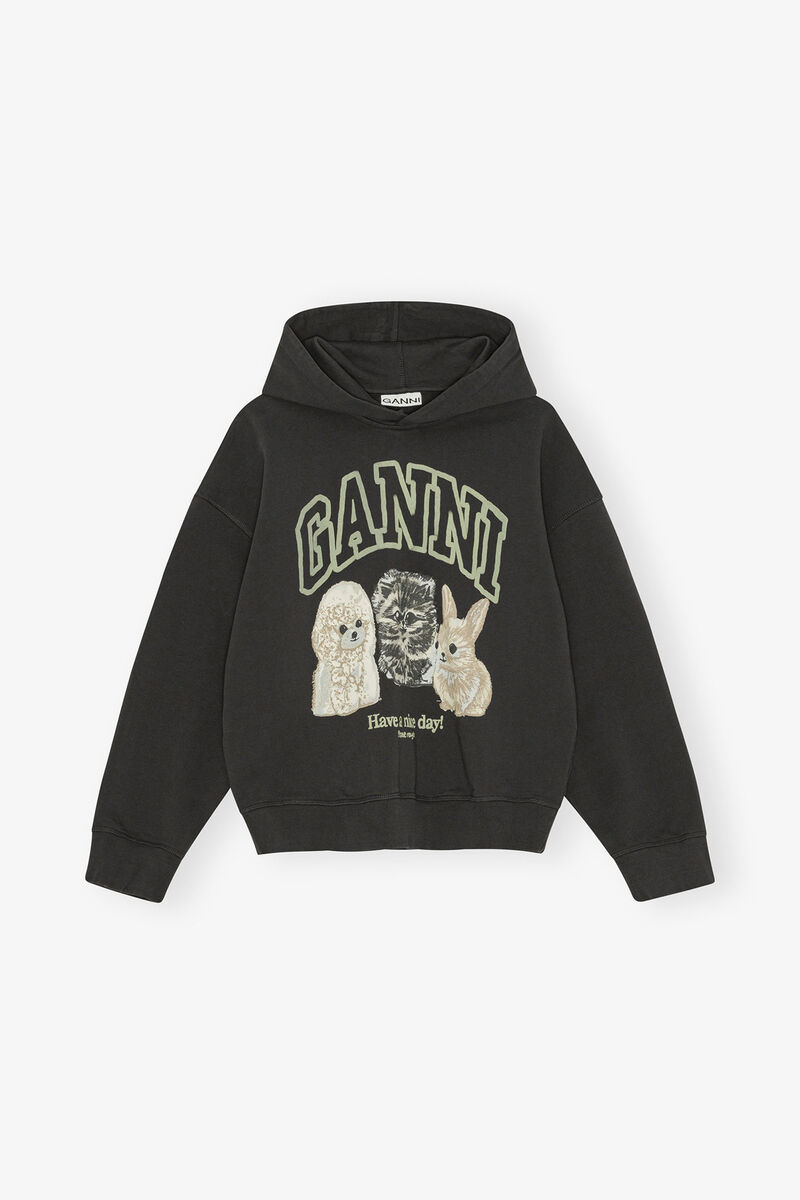 Black Animal Print Hoodie, Organic Cotton, in colour Phantom - 1 - GANNI