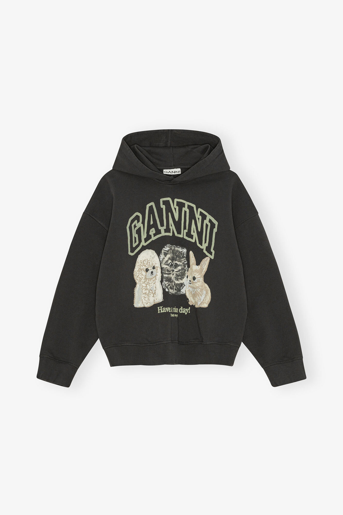 Black Animal Print Hoodie, Organic Cotton, in colour Phantom - 1 - GANNI
