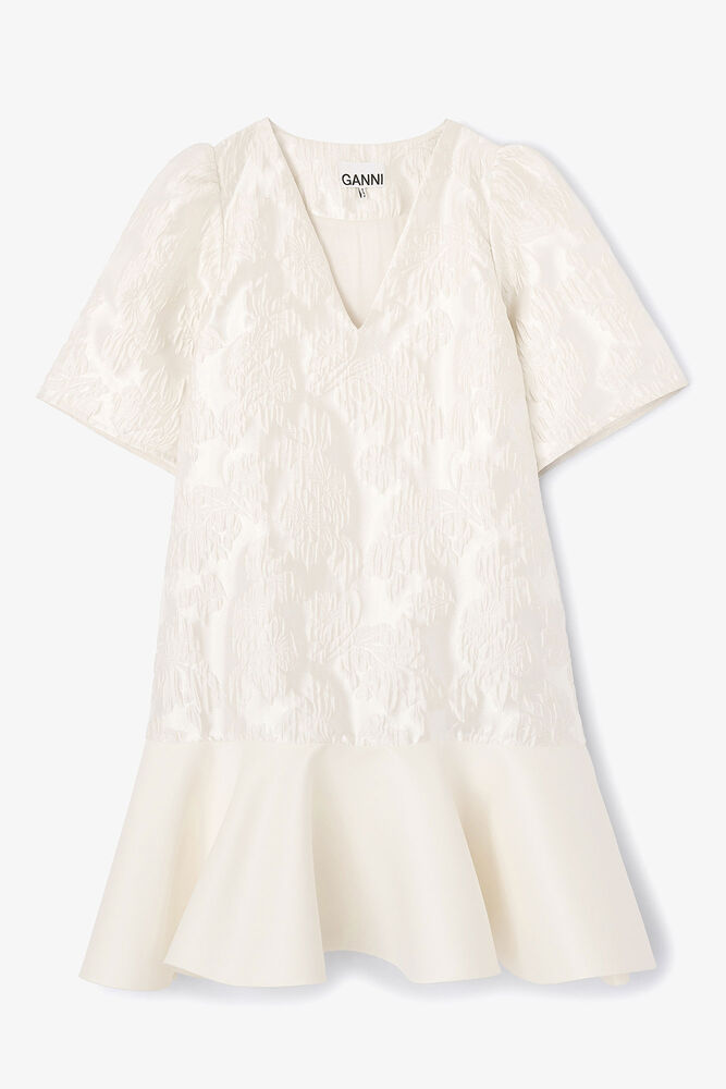 Satin Cloque Mini Dress, Egret