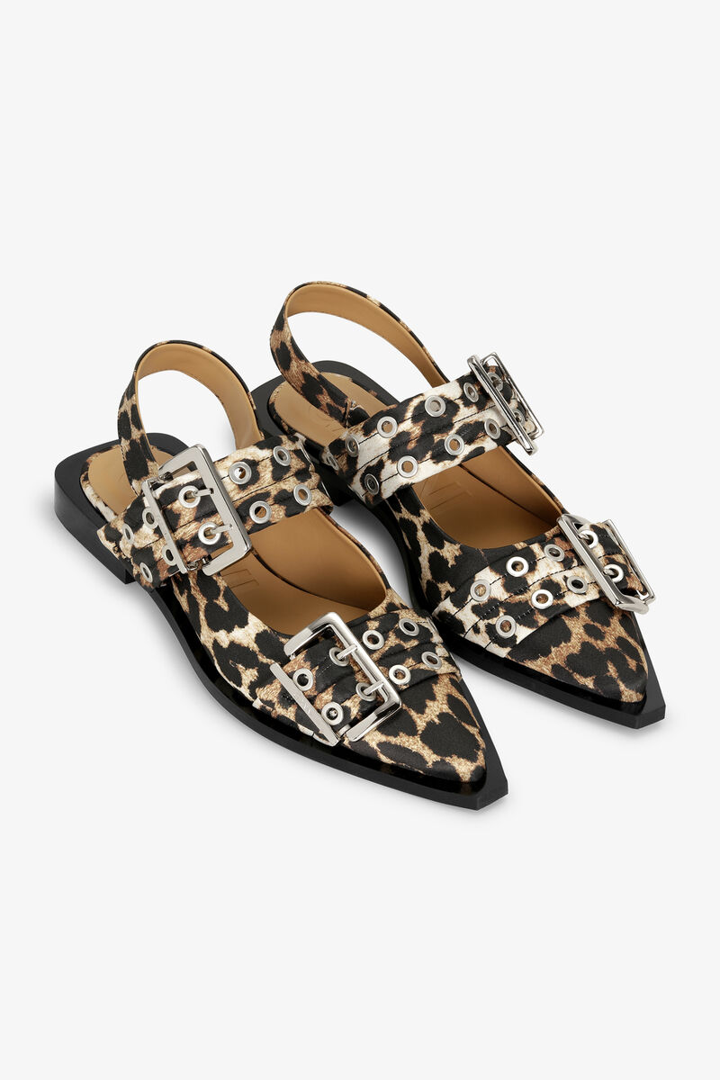 Leopard Leopard Satin Feminine Buckle Ballerinas | GANNI UK