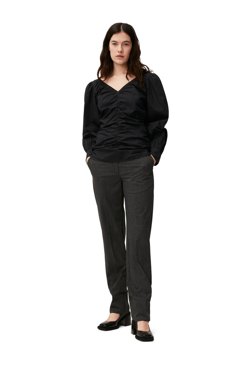 Cotton Poplin V-neck Blouse, Cotton, in colour Black - 1 - GANNI