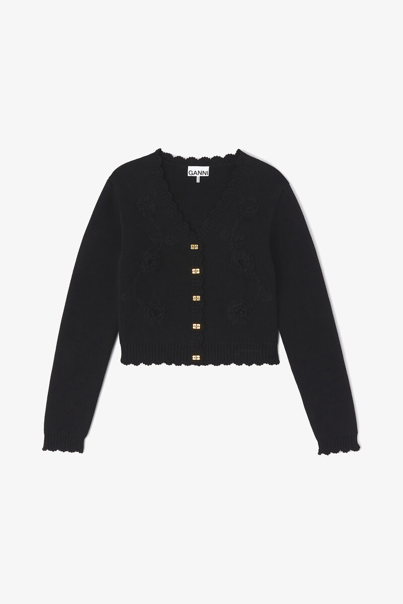 Black Crochet Applique Cardigan, Recycled Polyester, in colour Black - 1 - GANNI