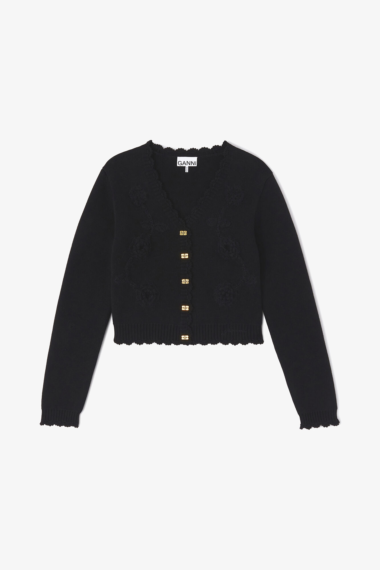 Black Crochet Applique Cardigan, Recycled Polyester, in colour Black - 1 - GANNI