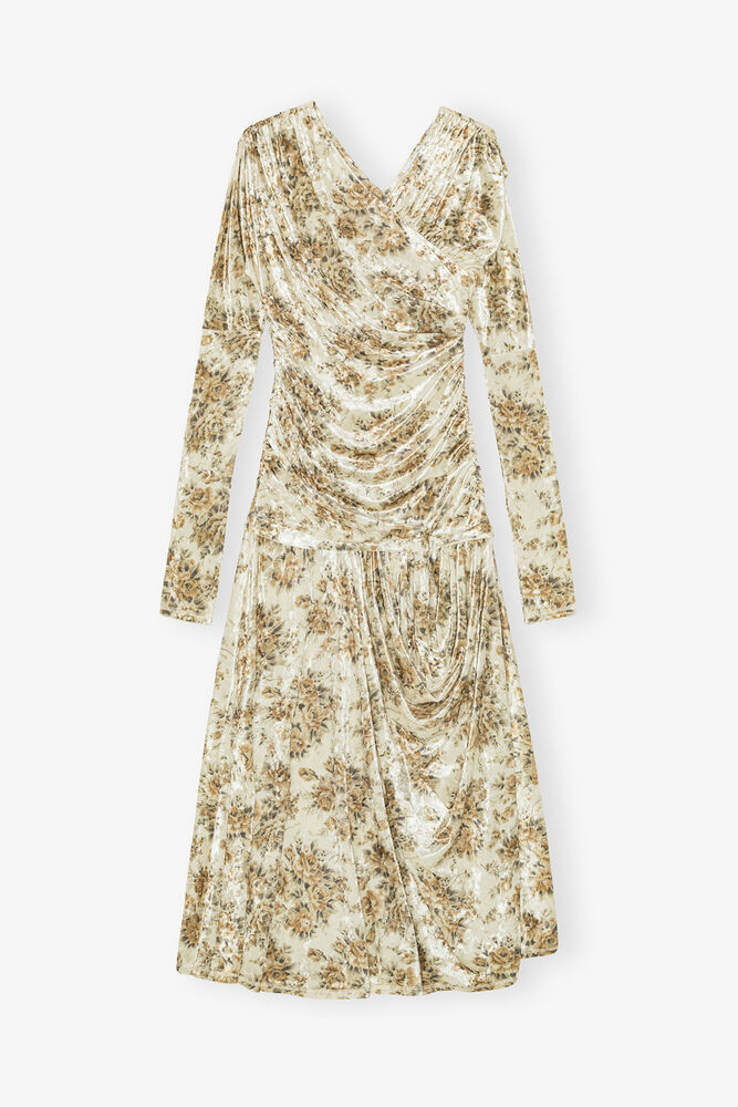 Golden Floral Ruched Dress, Cloud Cream