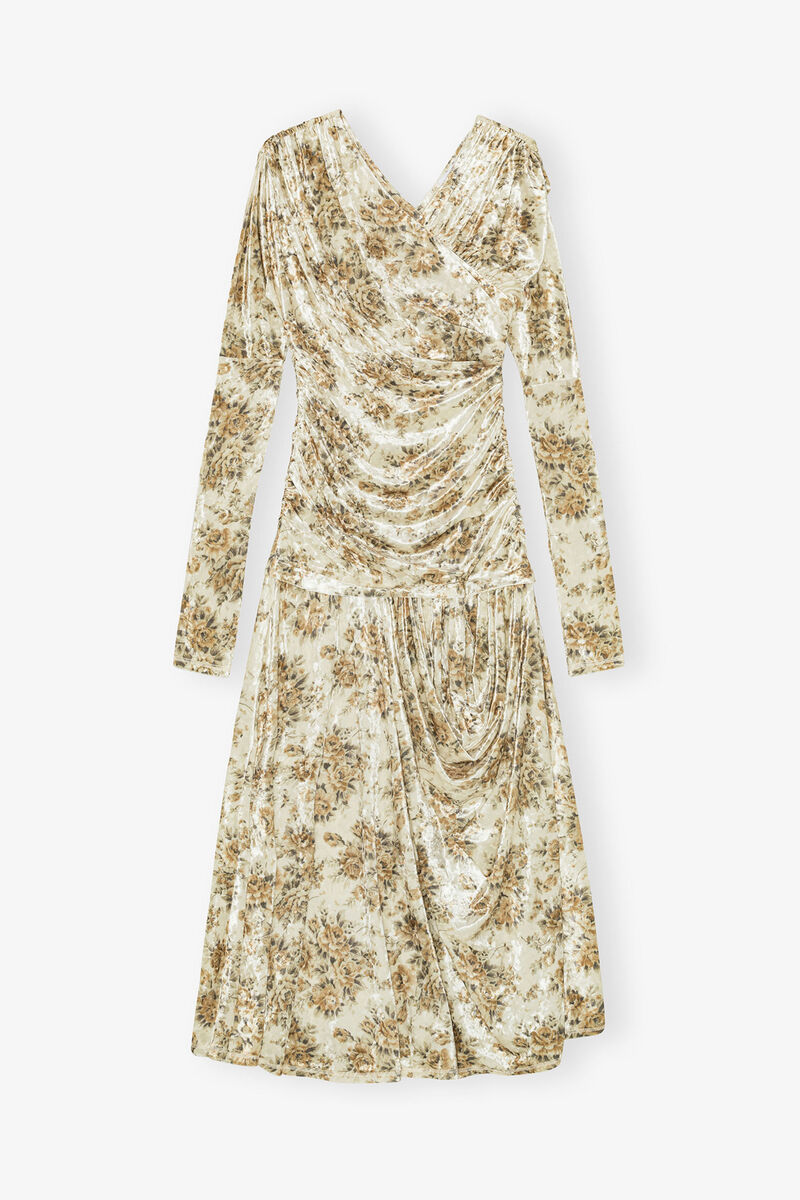 Golden Floral Ruched Dress, Recycled Polyester, in colour Cloud Cream - 1 - GANNI