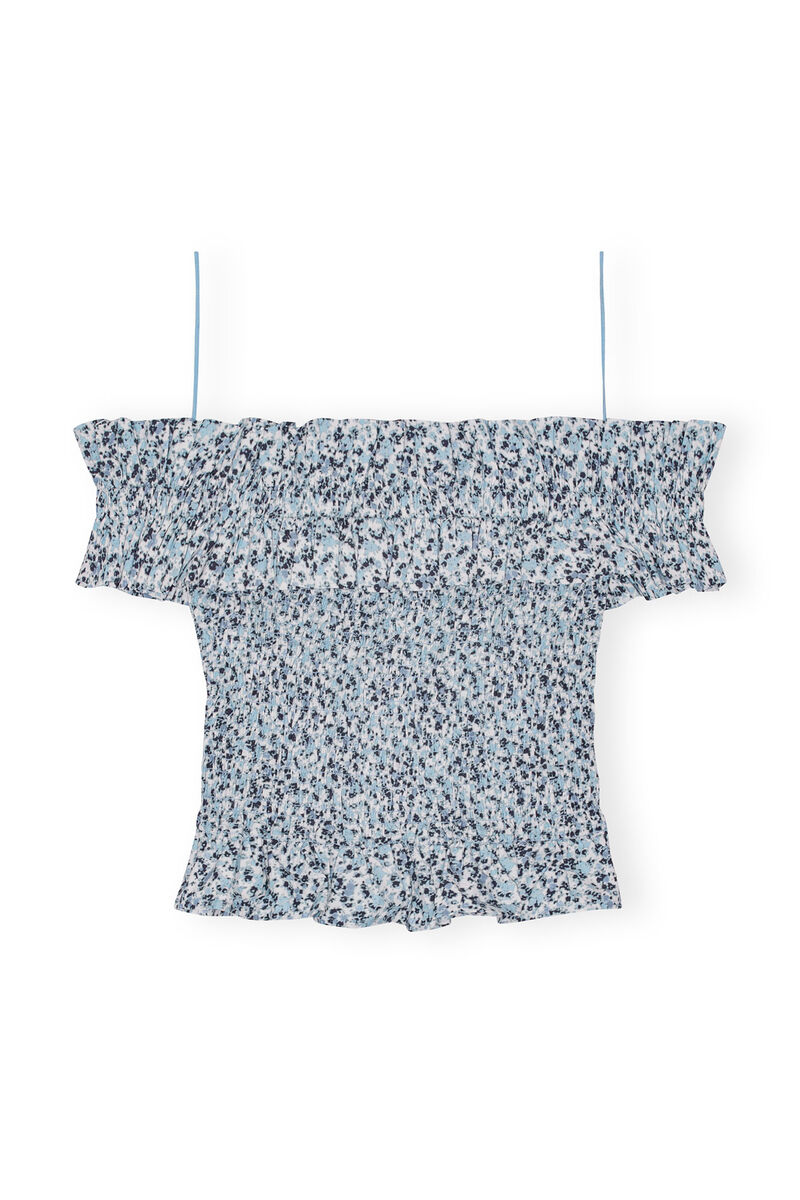 Blue Floral Printed Cotton Off-shoulder Smock Oberteil, Cotton, in colour Glacier Lake - 1 - GANNI