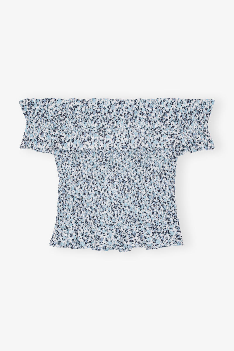 Glacier Lake Blue Floral Printed Cotton Off-shoulder Smock 
