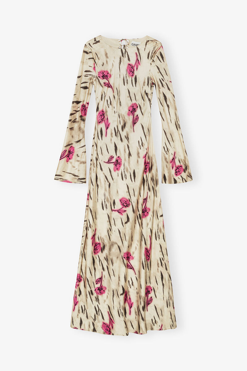 Floral Satin Maxi Dress, Viscose, in colour Egret - 1 - GANNI