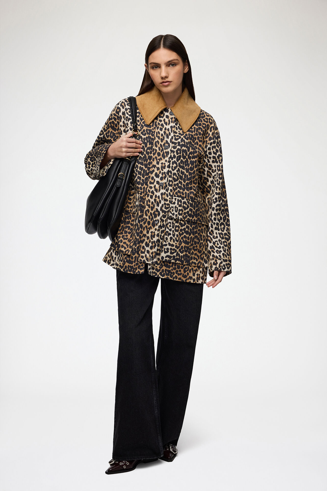 Leopard Printed Canvas Midi Jacket, Organic Cotton, in colour Almond Milk - 1 - GANNI