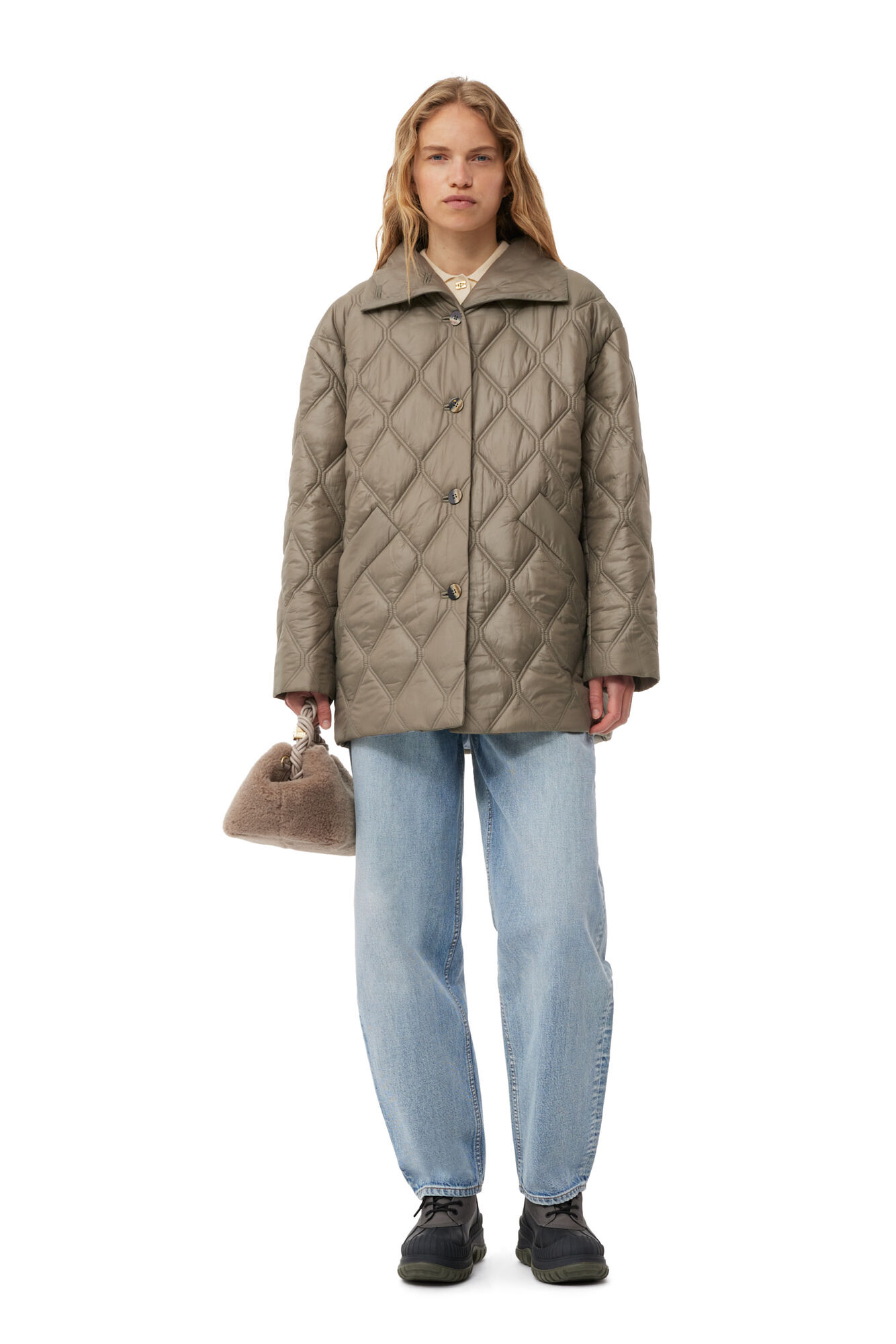 Brown Shiny Quilt Jacket, Recycled Polyamide, in colour Fallen Rock - 2 - GANNI