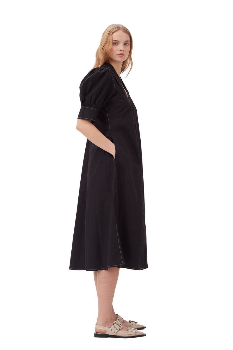 Cotton Poplin V-Neck Midi Dress, Cotton, in colour Black - 3 - GANNI