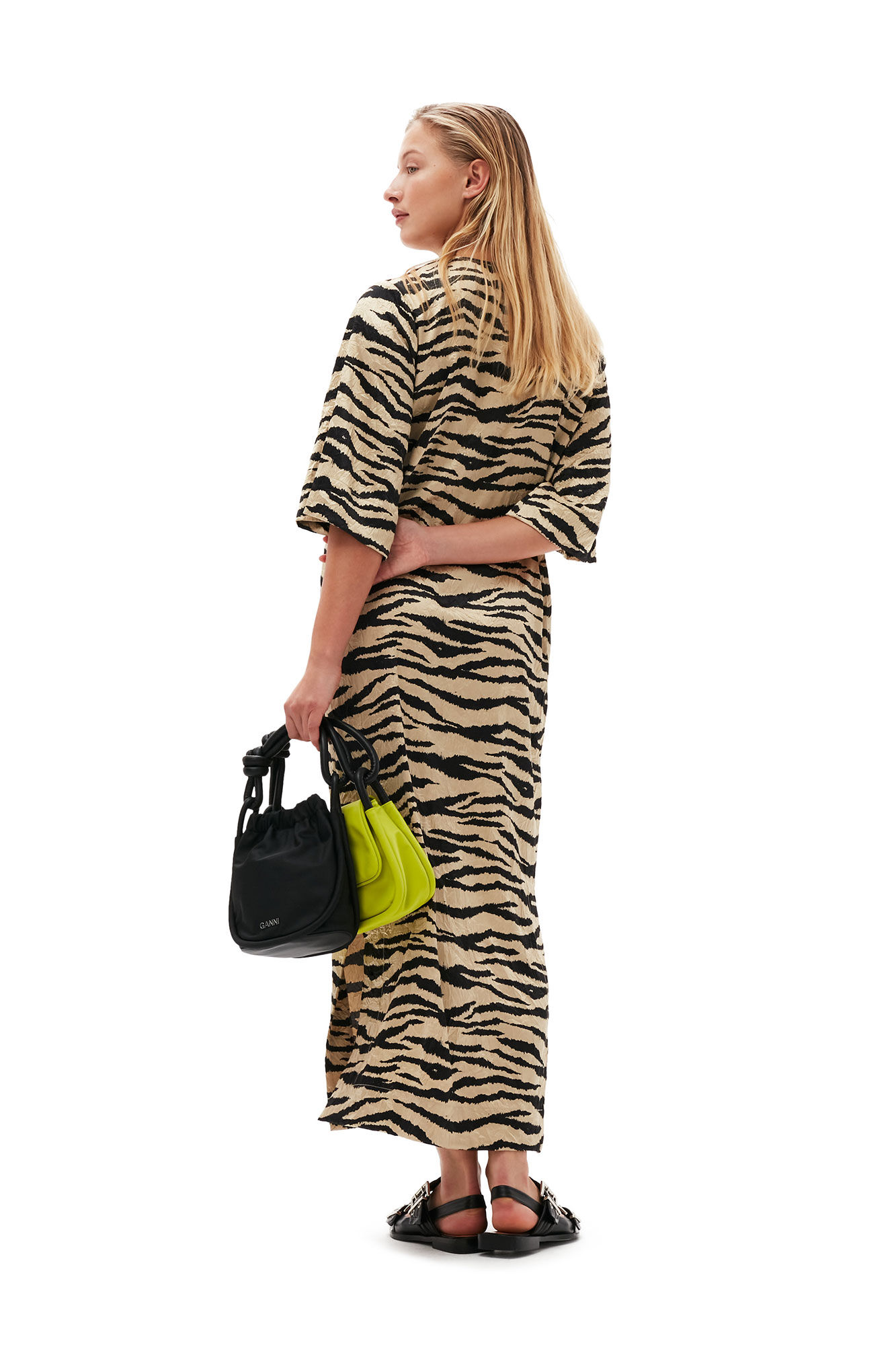 Crinkled Satin Maxi Dress, Elastane, in colour Pale Khaki - 2 - GANNI
