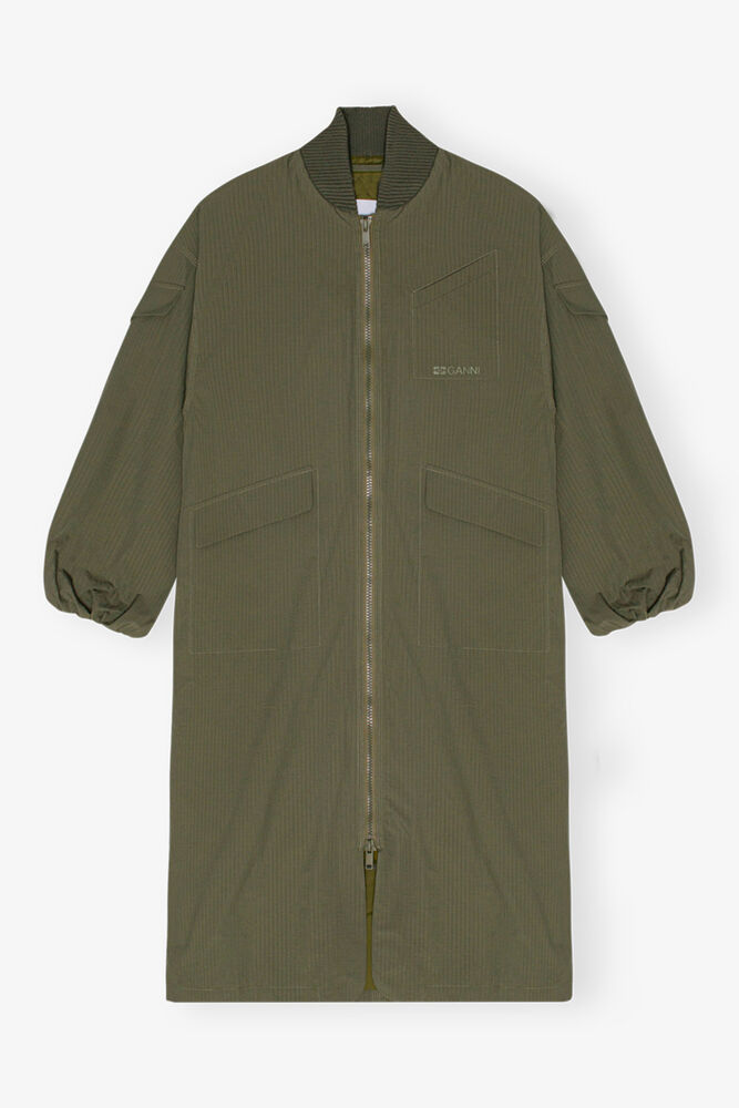 Green Tech Seersucker Oversized Shell Coat, Beetle