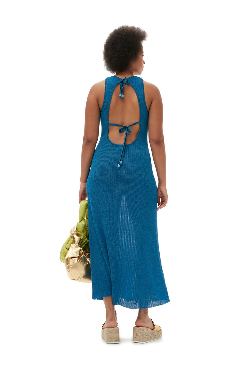 Sparkle Rib Open Back Dress, Metal, in colour Brilliant Blue - 5 - GANNI