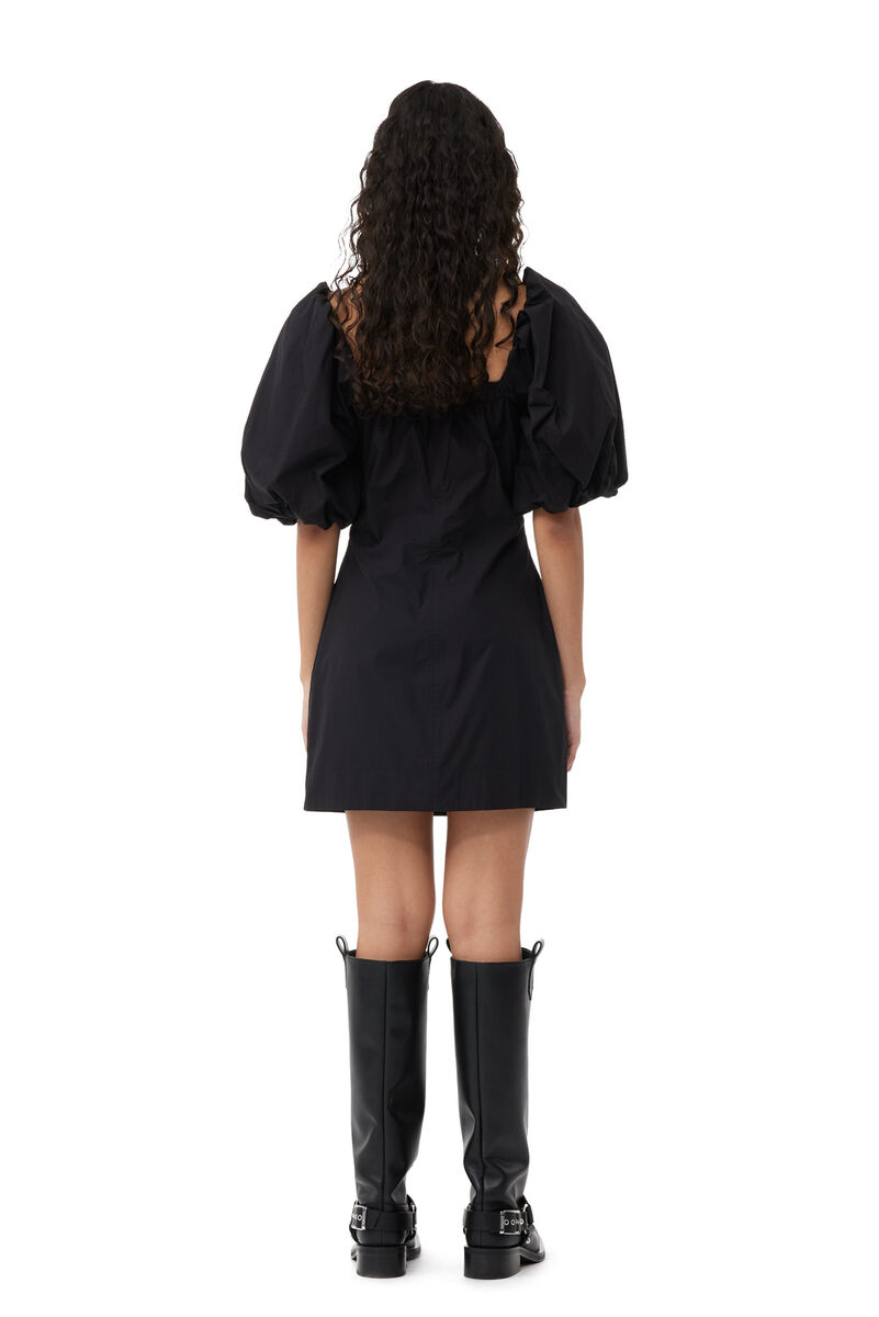Black Cotton Poplin Puff Sleeve Mini klänning, Cotton, in colour Black - 2 - GANNI
