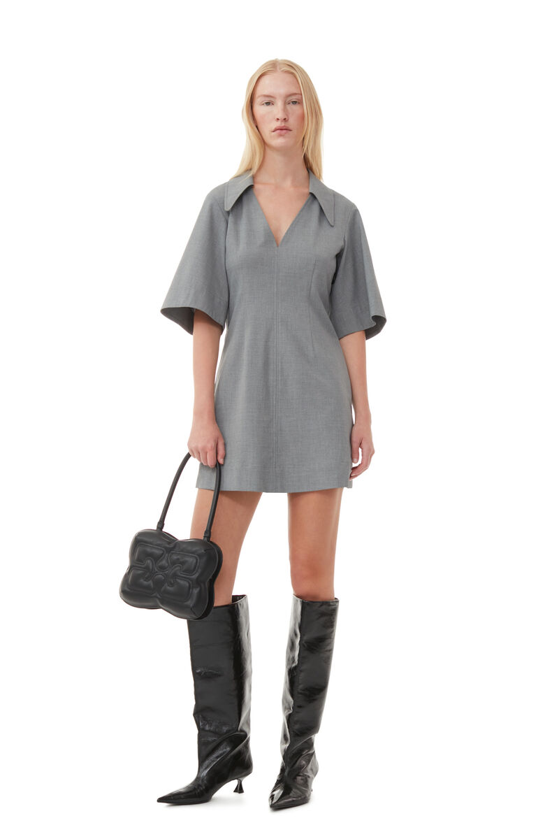 Grey Drapey Melange Mini Dress, Elastane, in colour Paloma Melange - 1 - GANNI