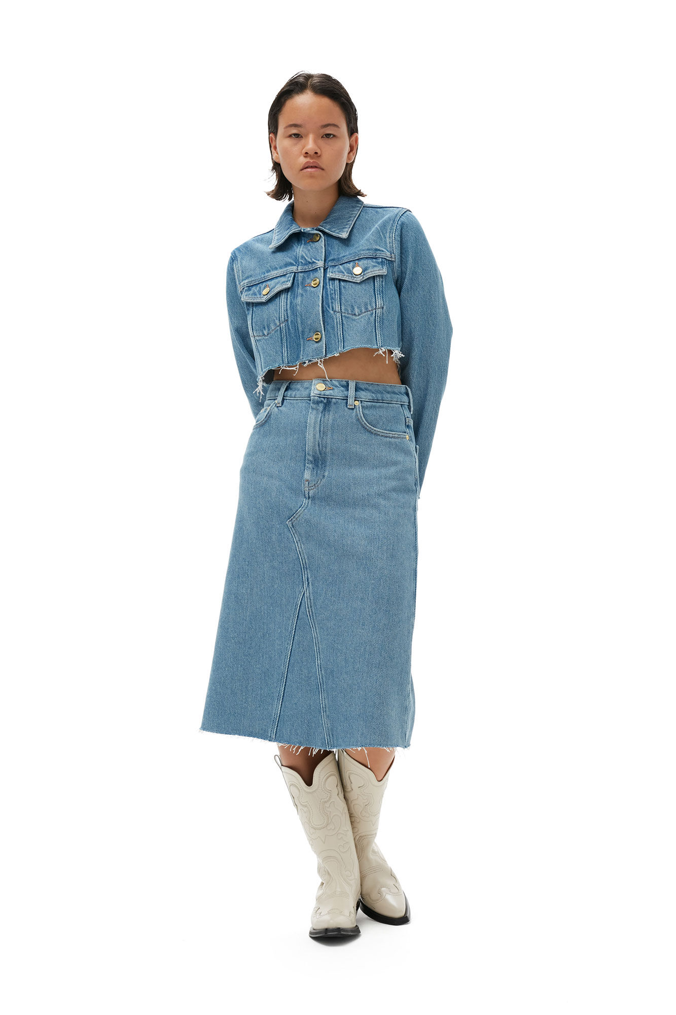Midikjol i kraftig denim, Cotton, in colour Light Blue Stone - 1 - GANNI