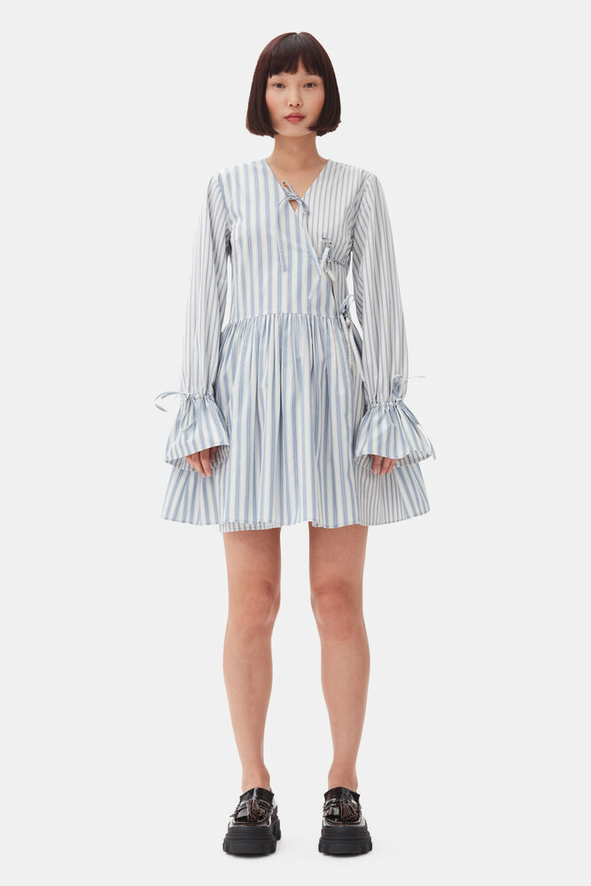 Blue Stripe Cotton Mini Wrap Dress, Egret
