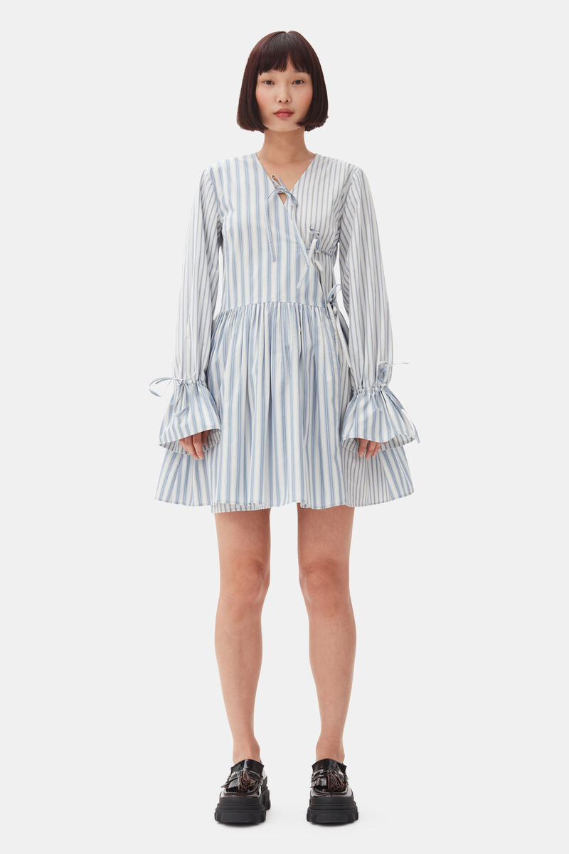 Blue Stripe Cotton Mini Wrap Dress, Cotton, in colour Egret - 1 - GANNI