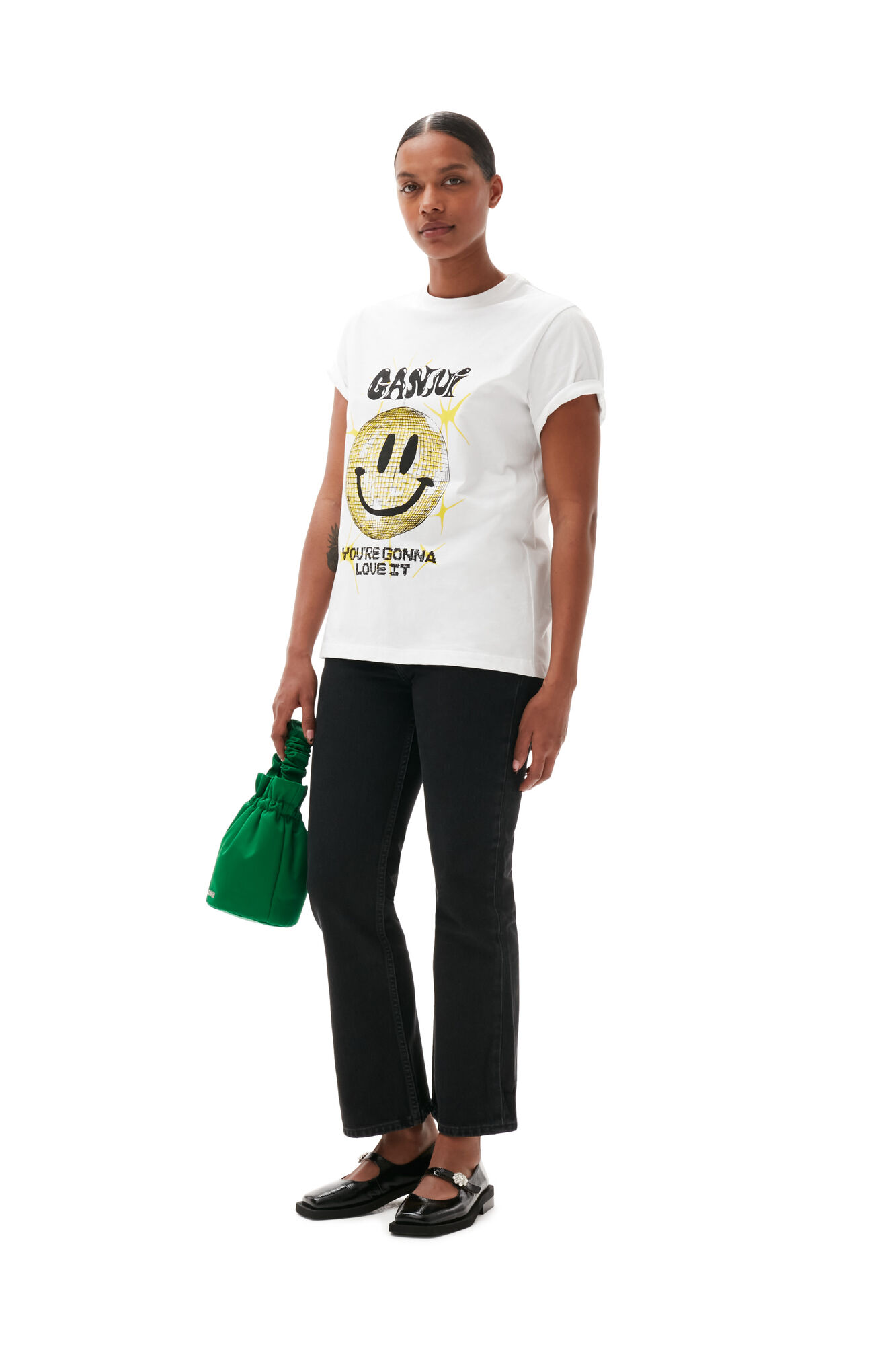 Yellow Smiley Relaxed T-shirt, Cotton, in colour Bright White - 2 - GANNI