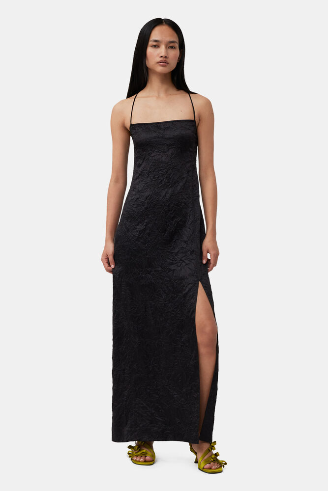 Black Crinkled Satin Midi Slip Dress