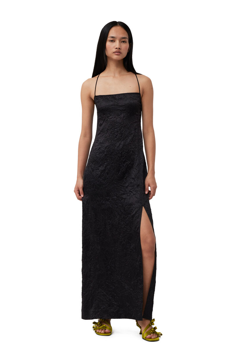 Black Crinkled Satin Midi Slip Dress, Elastane, in colour Black - 1 - GANNI