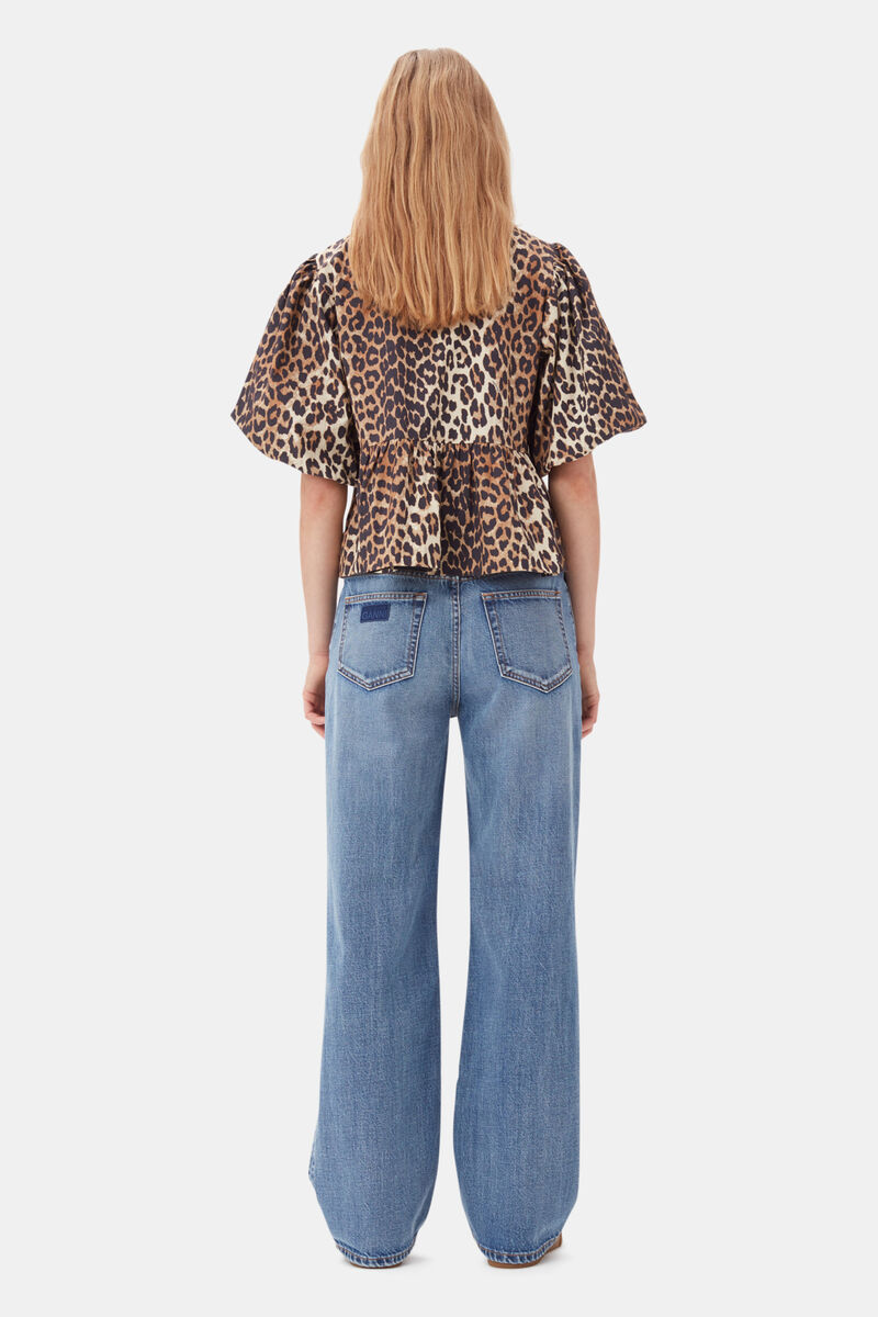 Leopard Leopard Cotton Poplin Peplum Tie Blouse | GANNI US