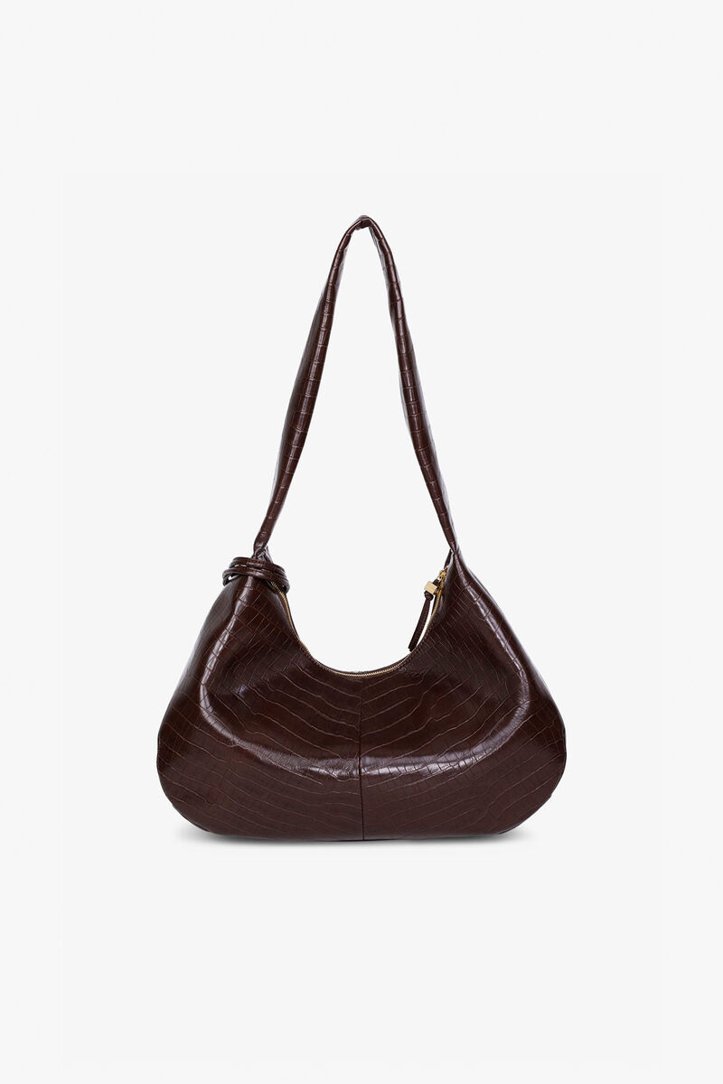 Brown Croco Medium Hobo Bag, Recycled Leather, in colour Chocolate Fondant - 3 - GANNI
