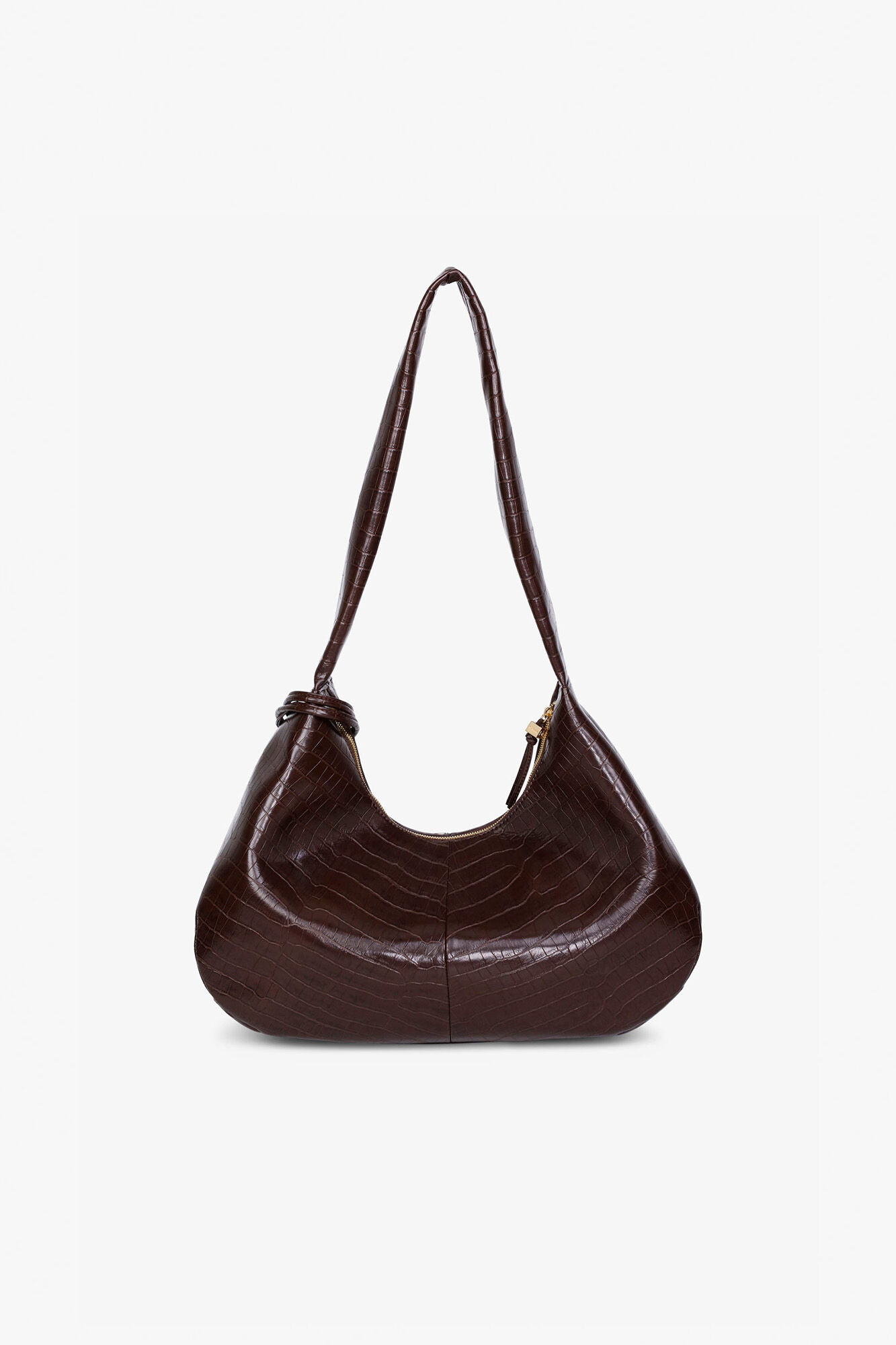 Brown Croco Medium Hobo Bag, Recycled Leather, in colour Chocolate Fondant - 3 - GANNI