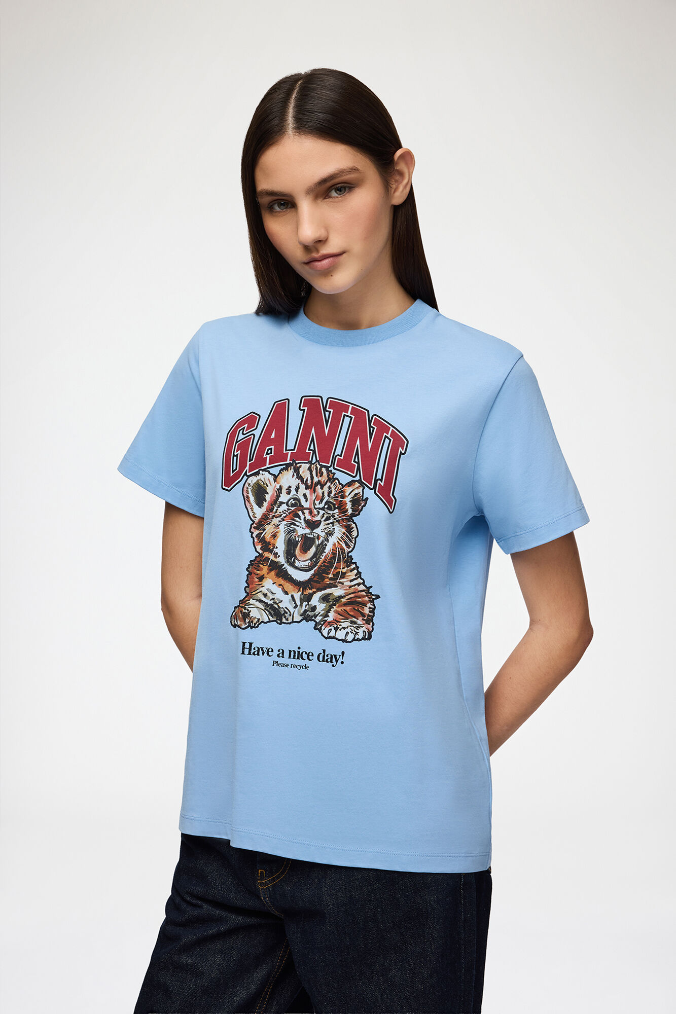 Bl&aring; basic jersey tiger avslappnad t-shirt, Organic Cotton, in colour Blissful Blue - 1 - GANNI