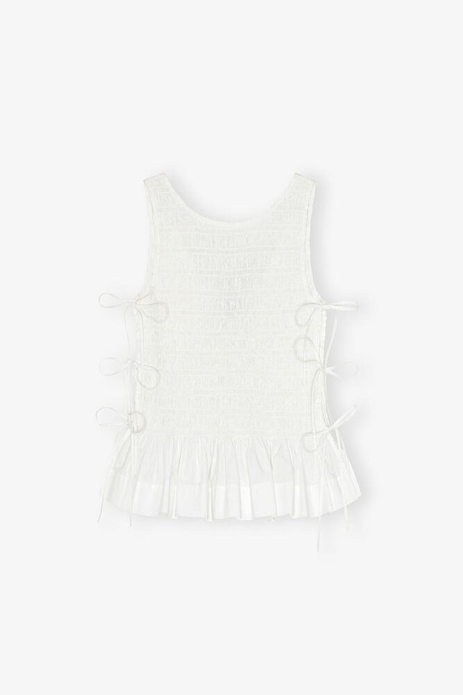 Top in White Smocked Cotton, Bright White