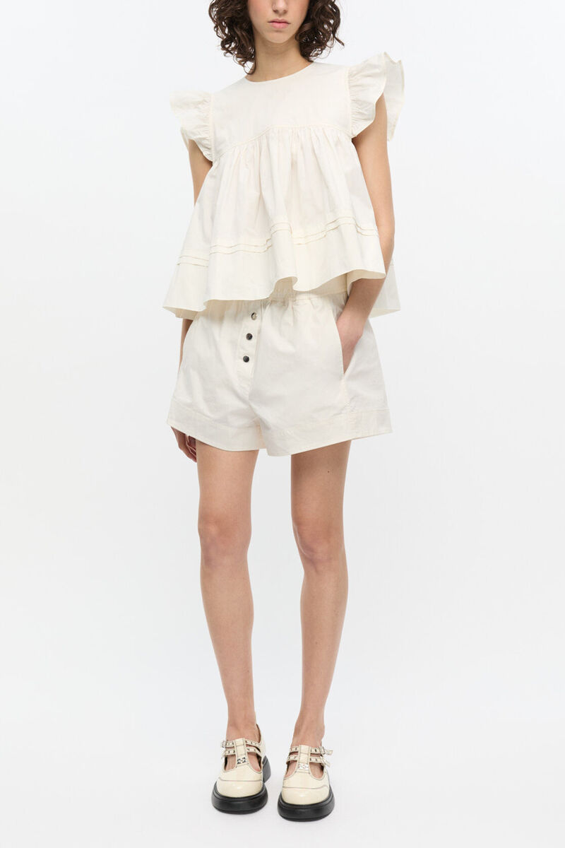White Stretch Cotton Frill Sleeve Top, Organic Cotton, in colour Egret - 2 - GANNI