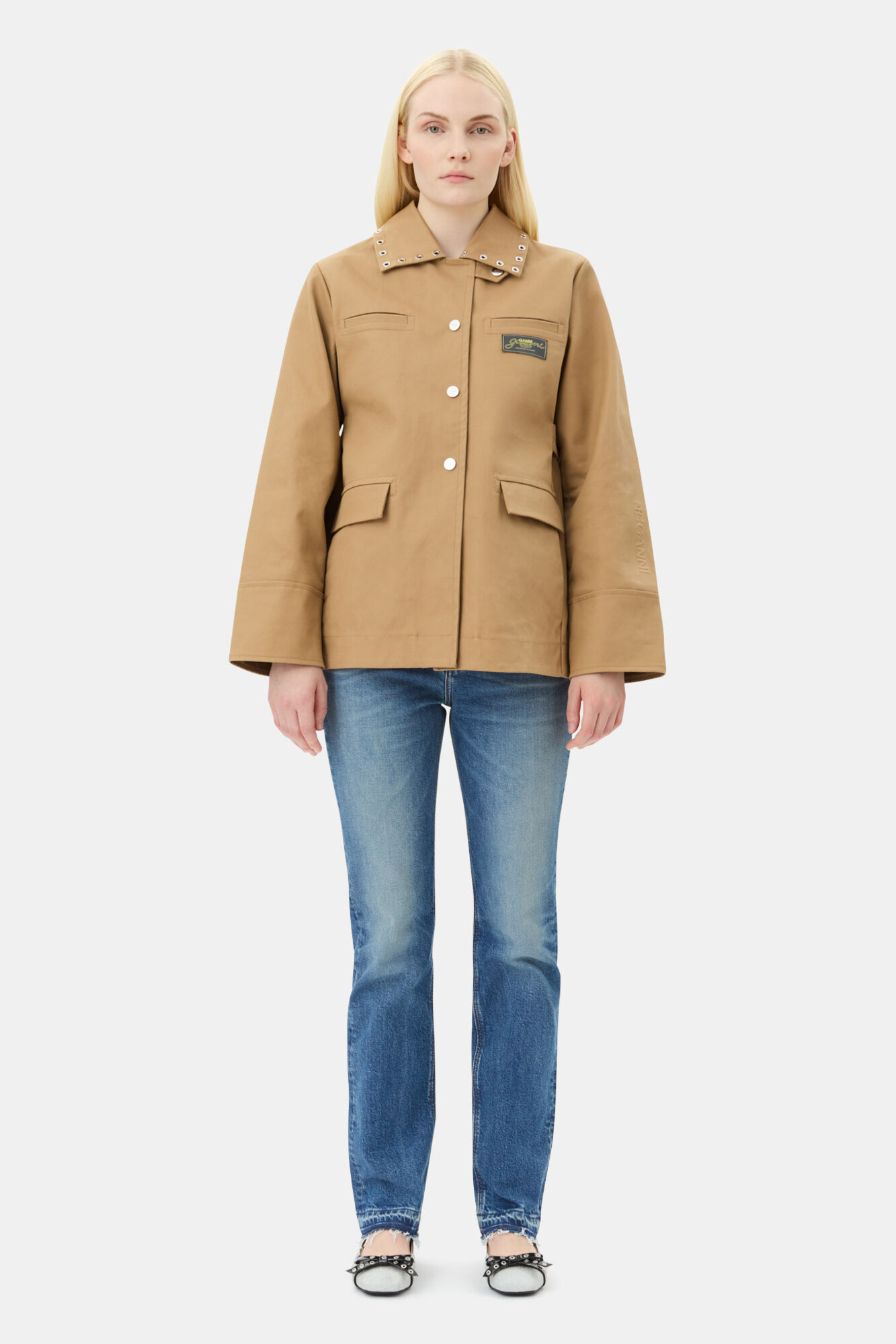 Camel Bonded Cotton Jacket, Cotton, in colour Tiger's Eye - 2 - GANNI