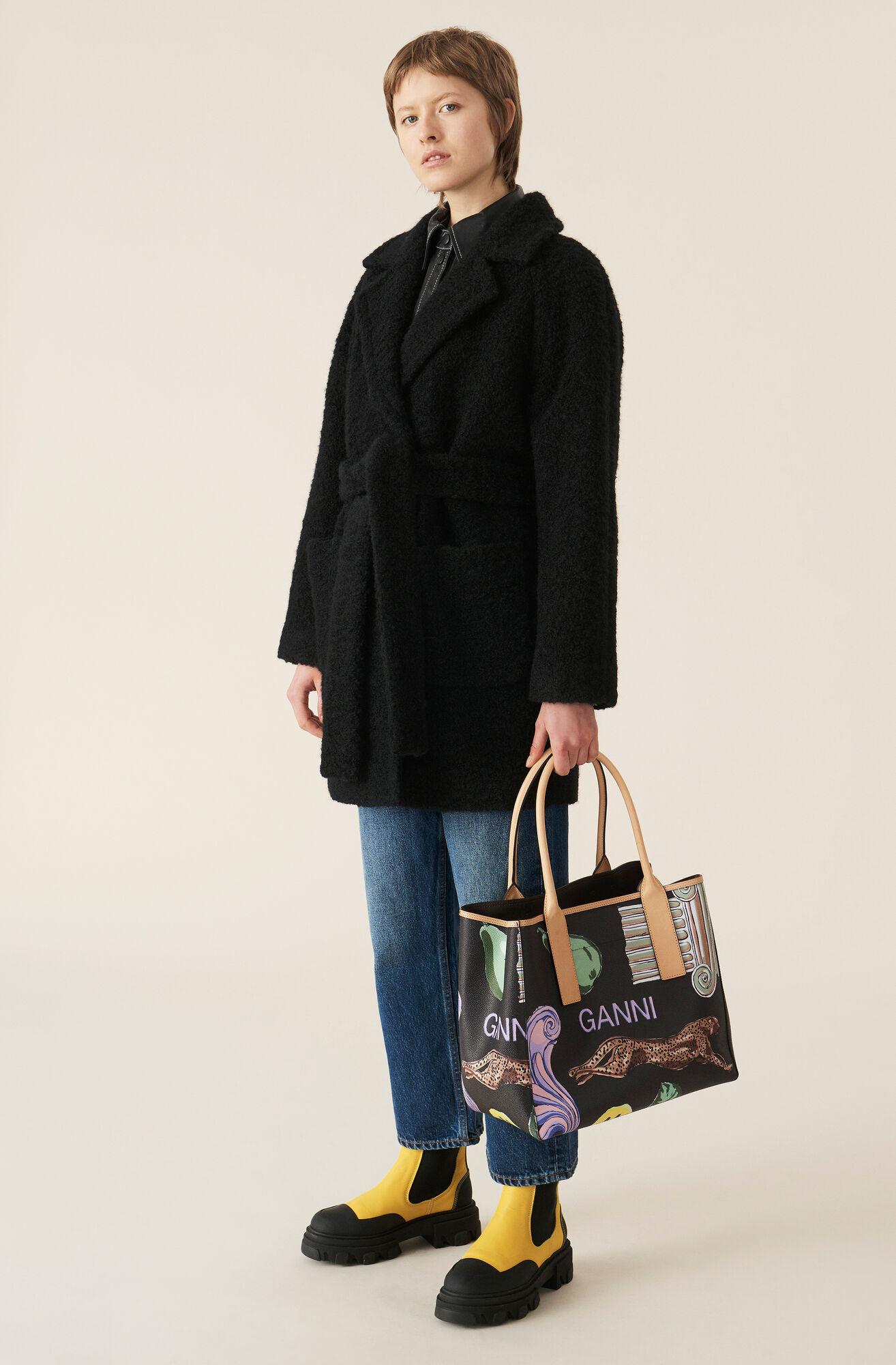 Manteau portefeuille en laine bouclée, Polyester, in colour Black - 1 - GANNI