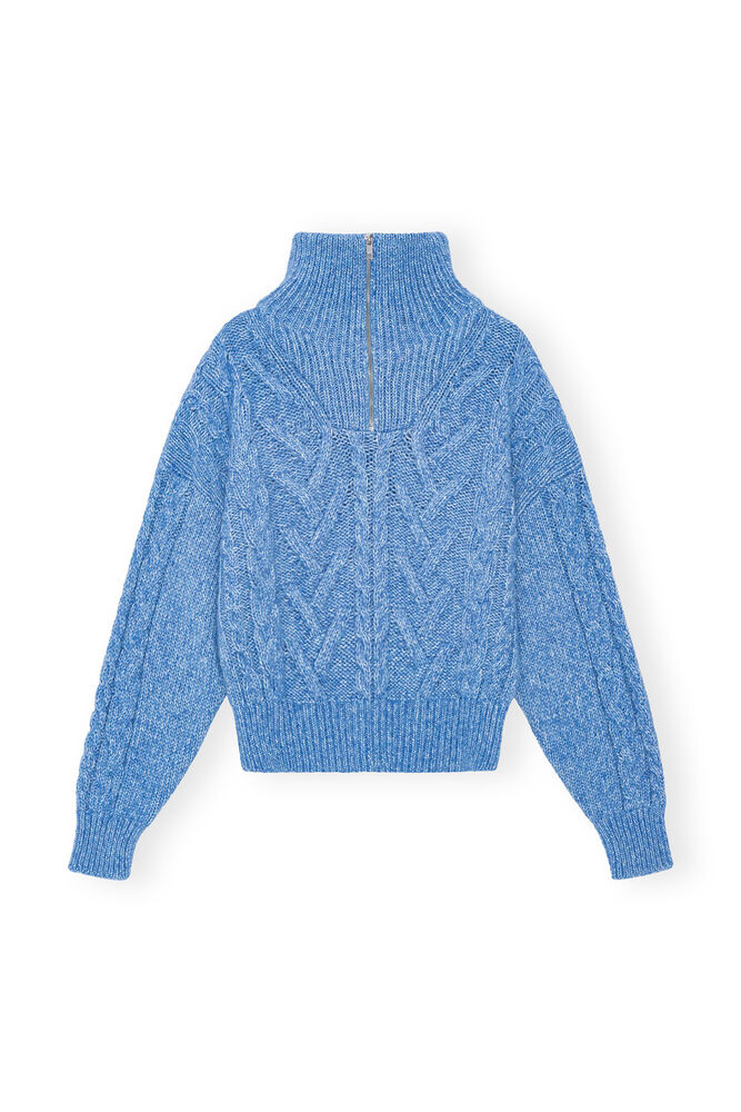 Blue Chunky Cable Zipper Blouse, Silver Lake Blue