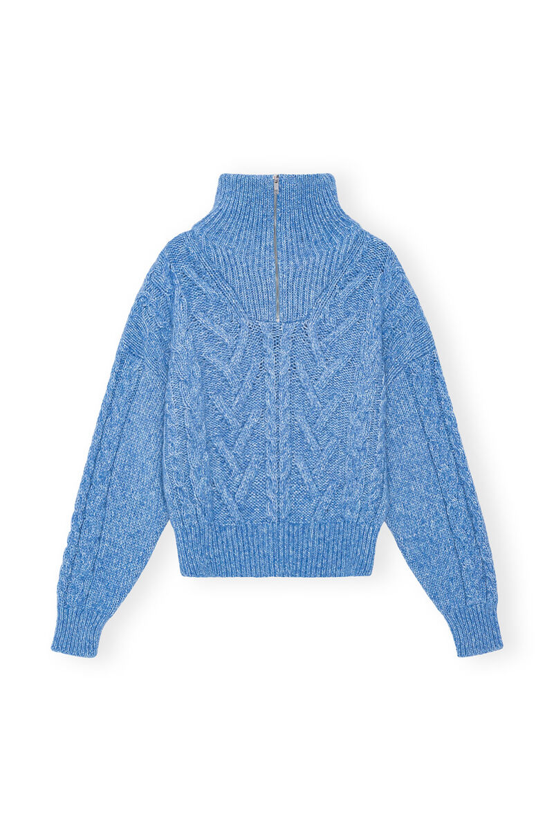 Blue Chunky Cable Zipper Blouse, Acryl, in colour Silver Lake Blue - 1 - GANNI