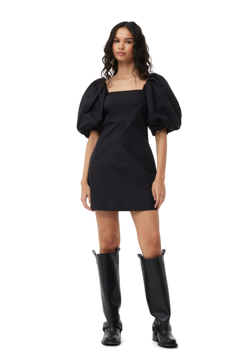 Black Cotton Poplin Puff Sleeve Mini-kjole, Cotton, in colour Black - 1 - GANNI