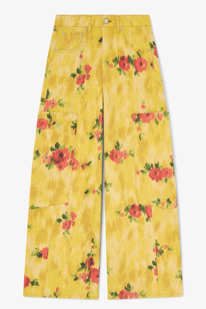 Baggy Wide Jeans in Printed Denim, Vibrant Yellow