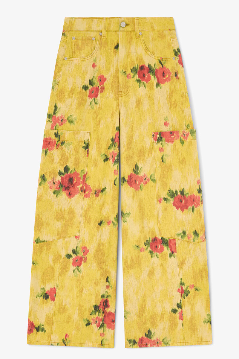 Baggy Wide Jeans in Printed Denim, Organic Cotton, in colour Vibrant Yellow - 1 - GANNI