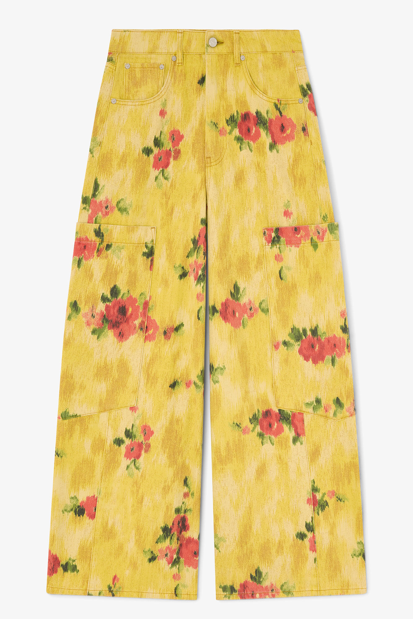 Baggy Wide Jeans in Printed Denim, Organic Cotton, in colour Vibrant Yellow - 1 - GANNI