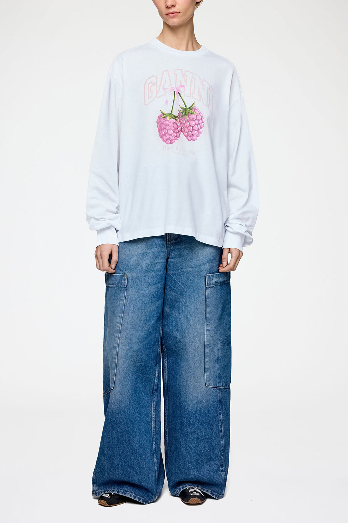 【新品】GANNI Long Sleeve T-shirt Bright White White Animal Print Long-sleeve T-shirt | GANNI